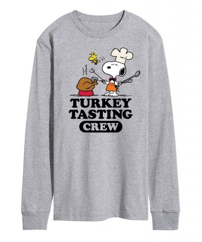 Men's Peanuts Turkey Tasting Crew Long Sleeve T-shirt Gray $21.50 T-Shirts