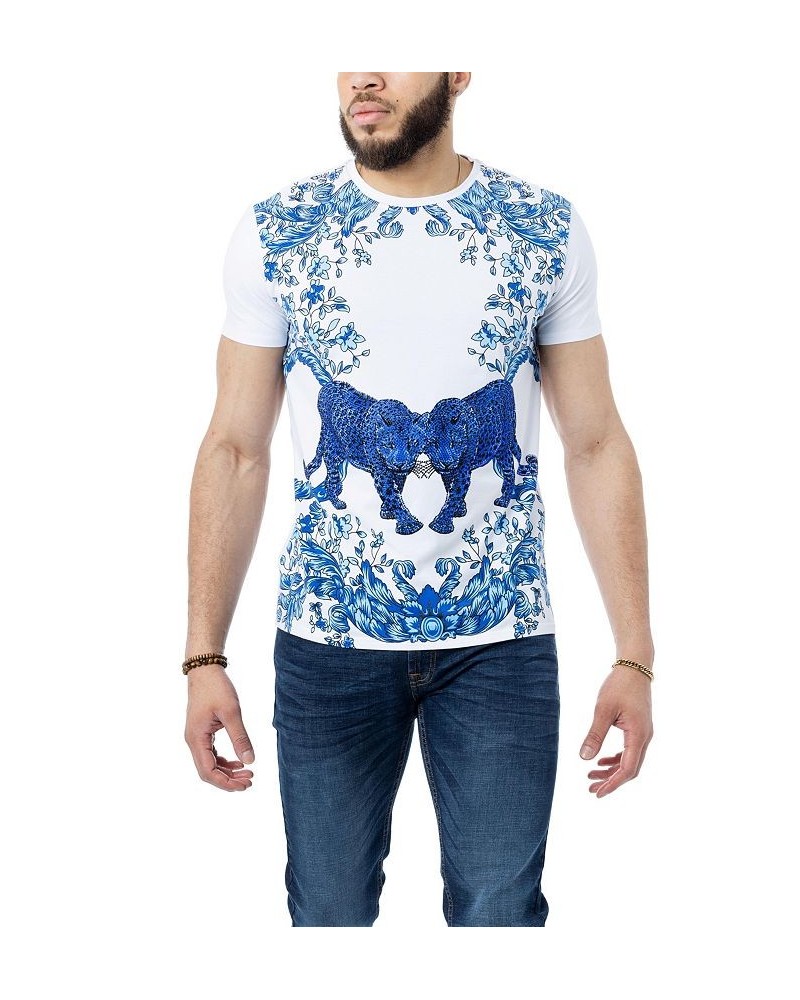 Men's Flower Leopard Rhinestone T-shirt White $26.55 T-Shirts