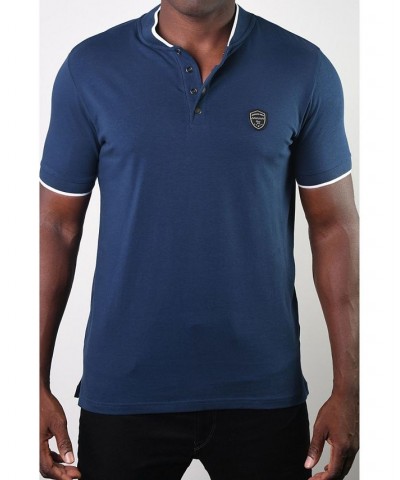 Men's Teddy Collar Metal Button Polo Blue $17.55 Polo Shirts