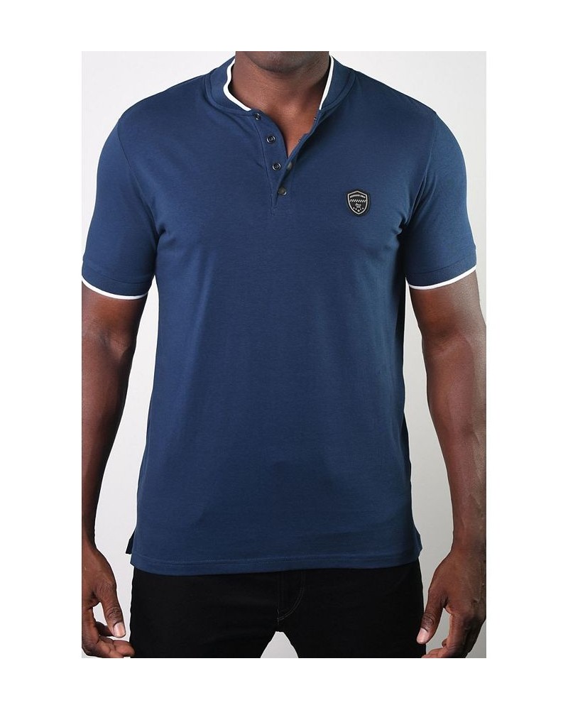 Men's Teddy Collar Metal Button Polo Blue $17.55 Polo Shirts