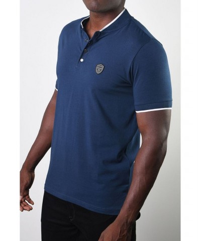 Men's Teddy Collar Metal Button Polo Blue $17.55 Polo Shirts