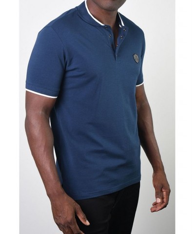 Men's Teddy Collar Metal Button Polo Blue $17.55 Polo Shirts