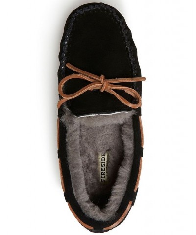 Men's Victor Moccasin Lace Tie Genuine Shearling Slippers Black $49.50 Shoes