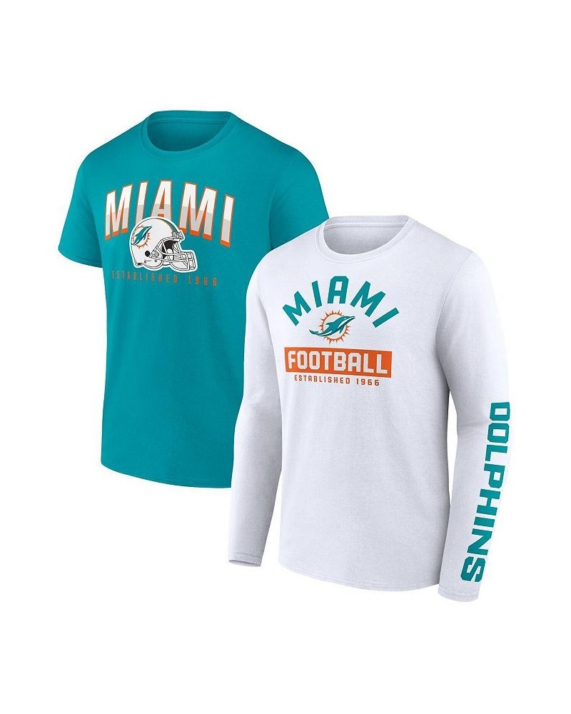 Men's Branded Aqua, White Miami Dolphins Long and Short Sleeve Two-Pack T-shirt $26.78 T-Shirts