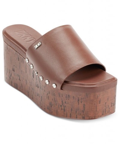 Alvy Studded Platform Wedge Slide Sandals Brown $46.19 Shoes