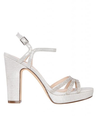 Women's Saralyn Block Heel Evening Sandals Silver $68.11 Shoes