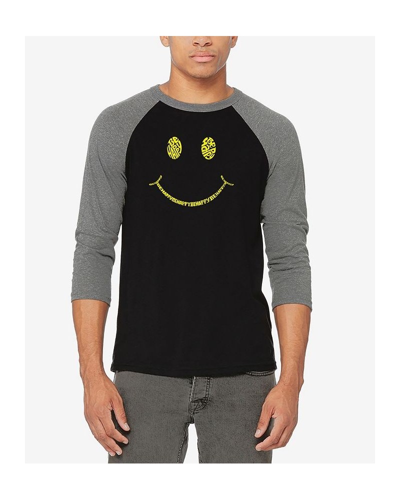 Men's Raglan Baseball 3/4 Sleeve Be Happy Smiley Face Word Art T-shirt Gray, Black $18.90 T-Shirts