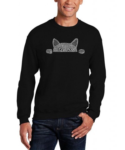 Men's Peeking Cat Word Art Crewneck Sweatshirt Black $28.99 Sweatshirt