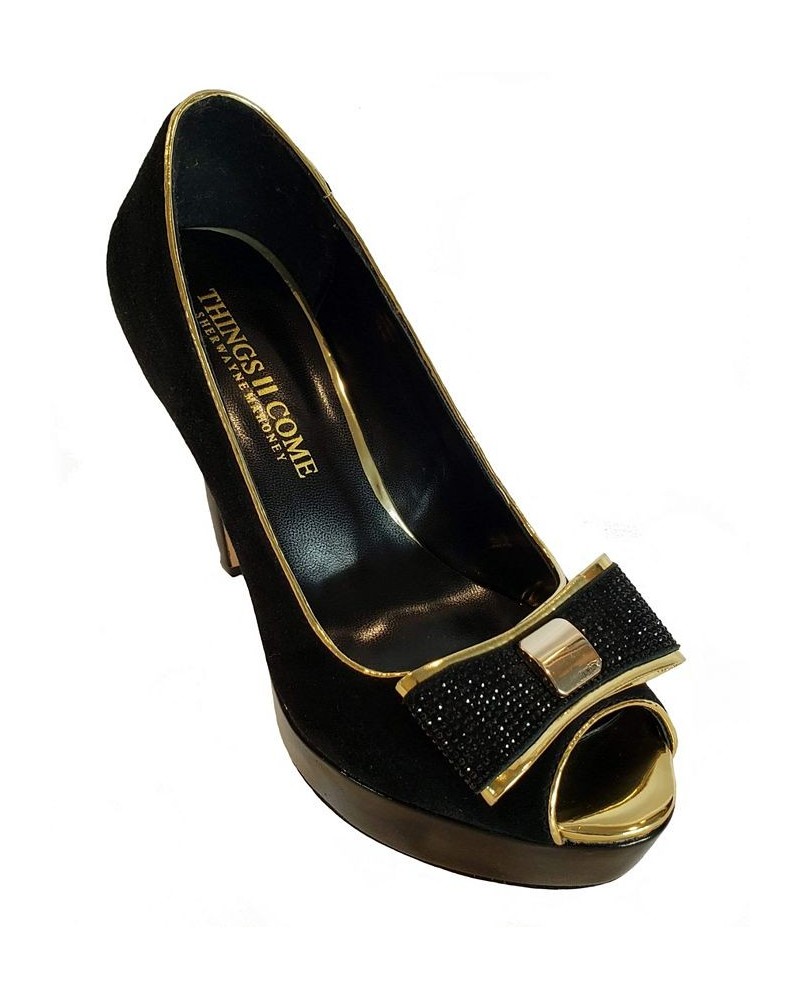 Women's Madison Luxurious Crystal Double Bow Platform High Heel Pumps Black $85.50 Shoes