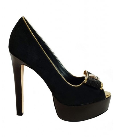 Women's Madison Luxurious Crystal Double Bow Platform High Heel Pumps Black $85.50 Shoes