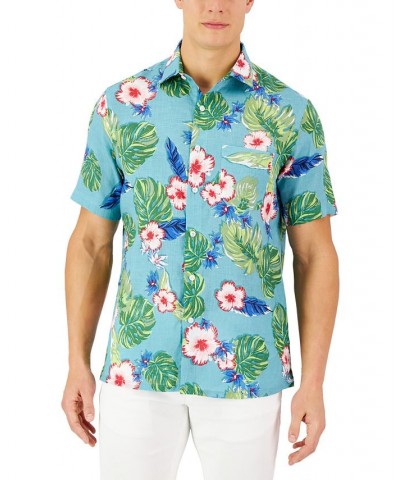 Men's Short-Sleeve Tropical 100% Linen Shirt Blue $17.28 Shirts