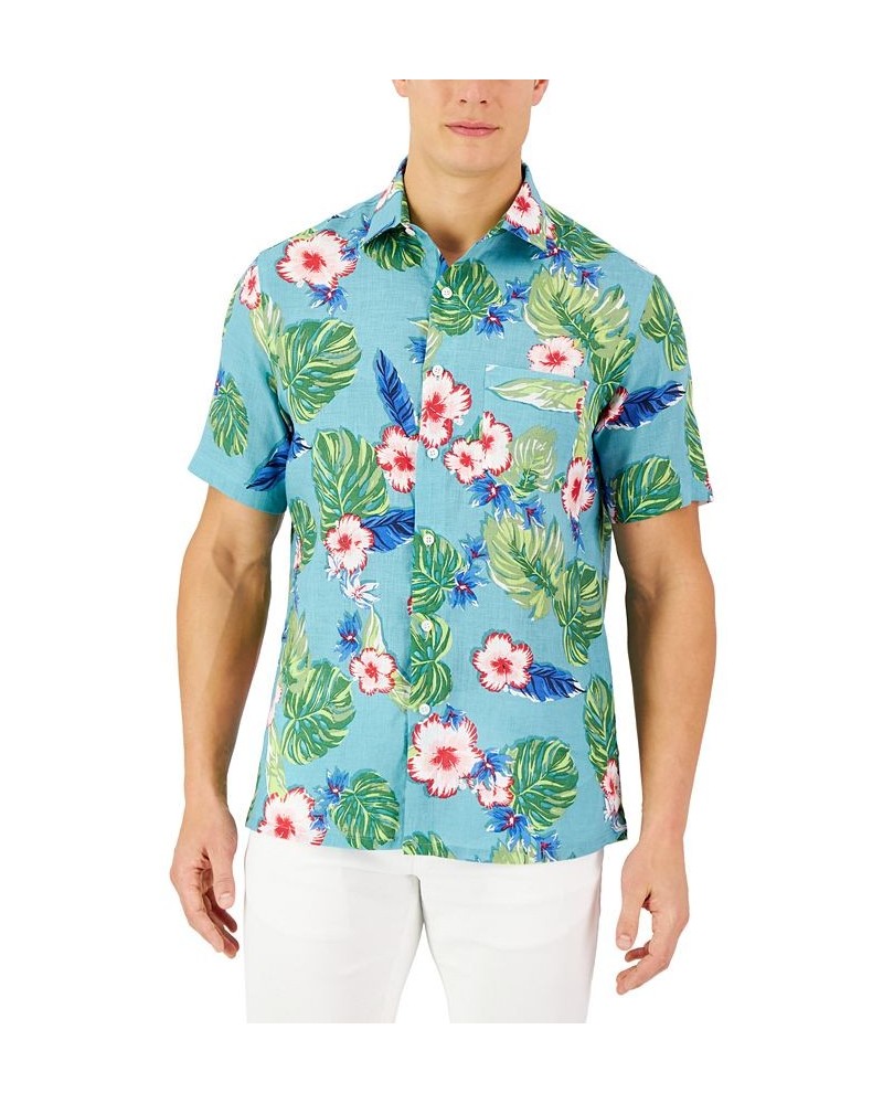 Men's Short-Sleeve Tropical 100% Linen Shirt Blue $17.28 Shirts