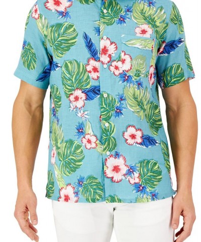 Men's Short-Sleeve Tropical 100% Linen Shirt Blue $17.28 Shirts